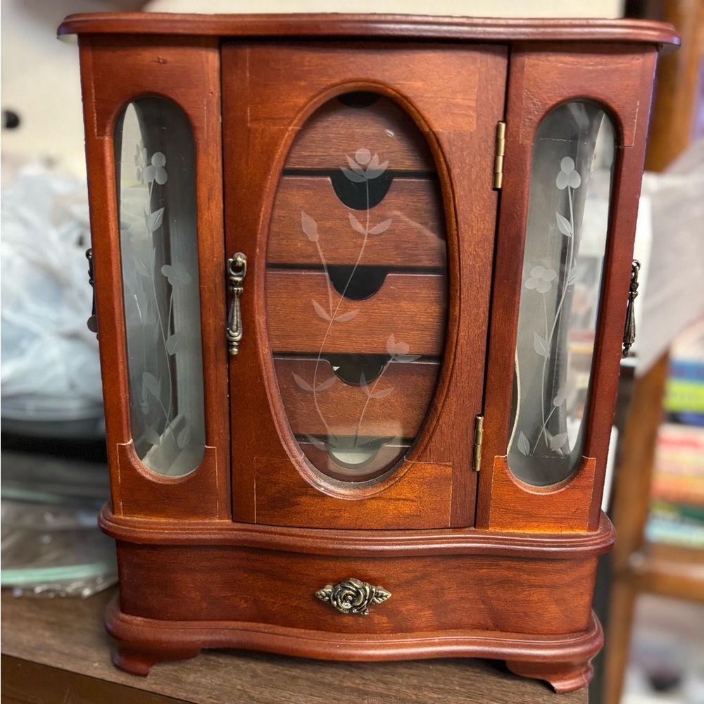 Vintage Elegant Wooden Jewelry Cabinet with Glass Floral Etched Doors